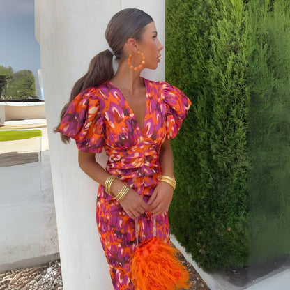 Aleksandra | Sukienka z bufkami w wyrazistych kolorach